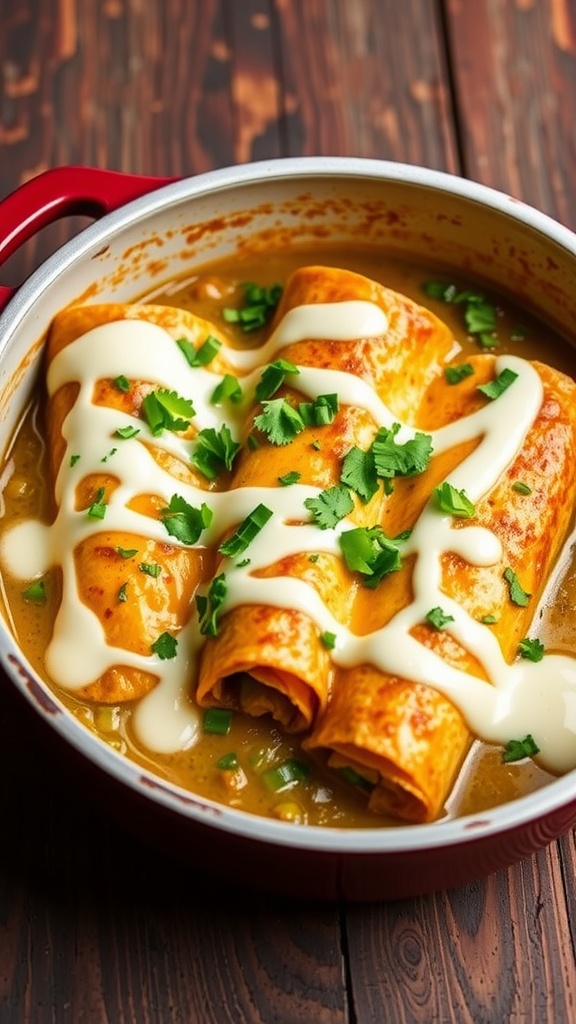 A serving of New Mexico Green Chile Chicken and Cheese Enchiladas topped with cheese and cilantro in a baking dish.